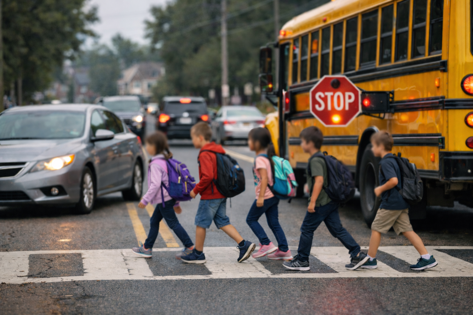 Students crossing the road during school commute