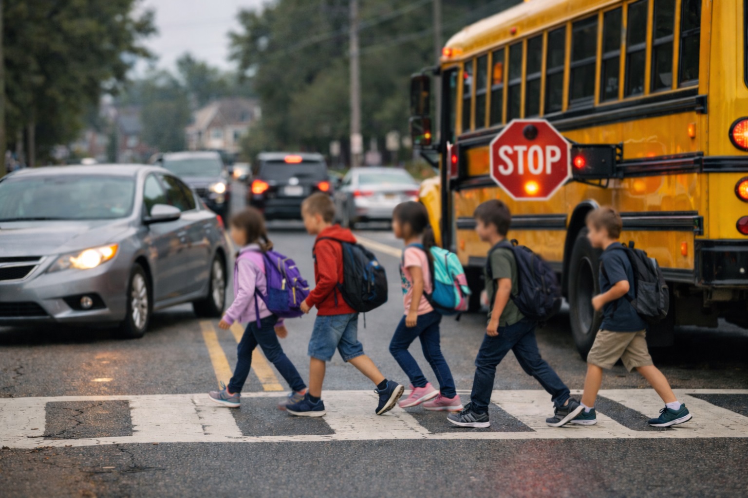 Students crossing the road during school commute Students crossing the road during school commute