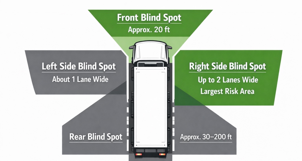 Standard blind spot zones (“No-Zones”) around a commercial truck