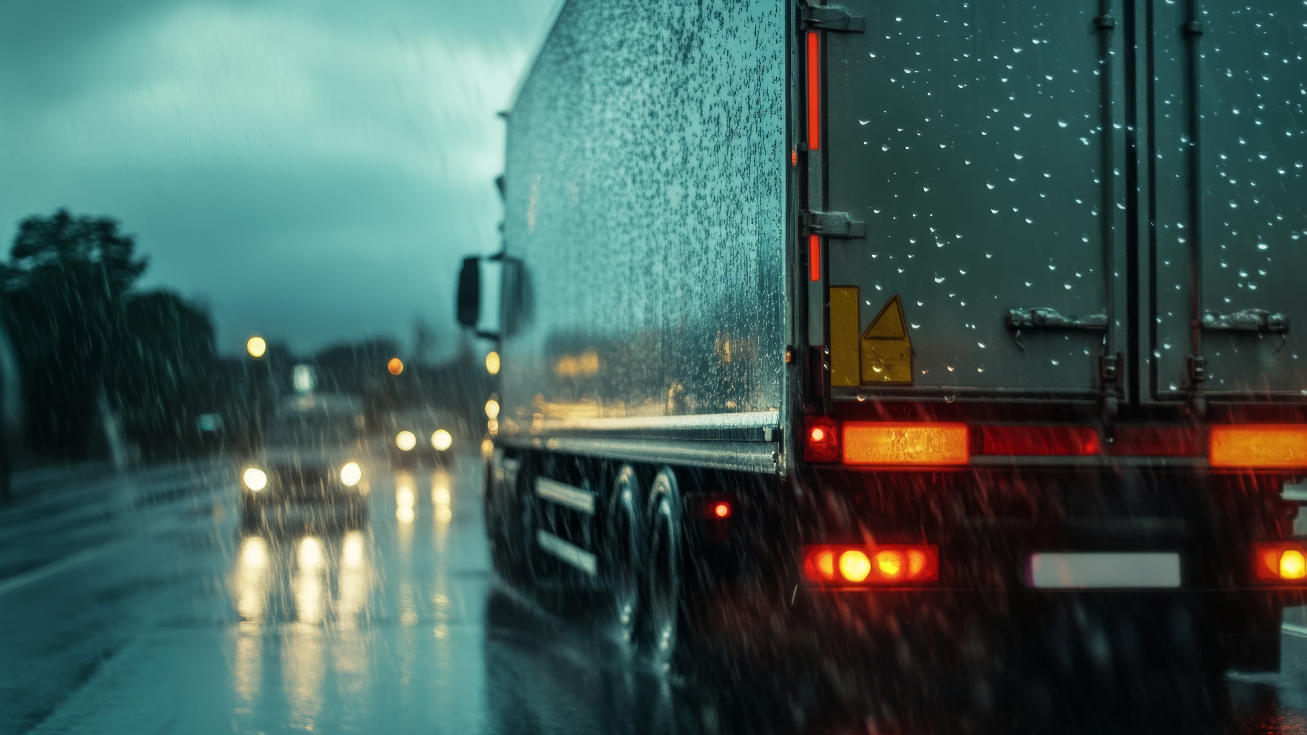 A truck is driving though a heavy rainstorm