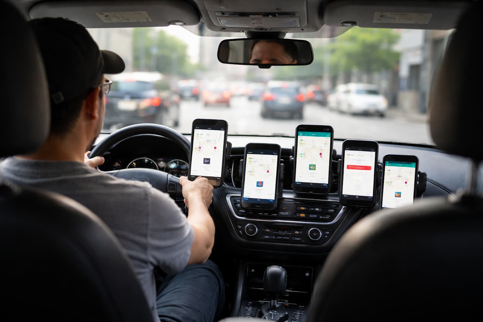 A driver is using 5 mobile phones to receive ride-hailing orders.jpg