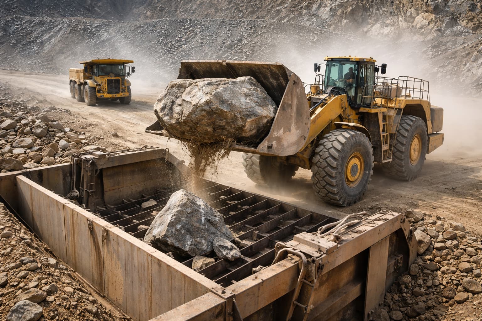 Heavy mining loader lifting an oversized boulder at a quarry, clearing a blockage near a rock processing area with haul trucks nearby..jpg