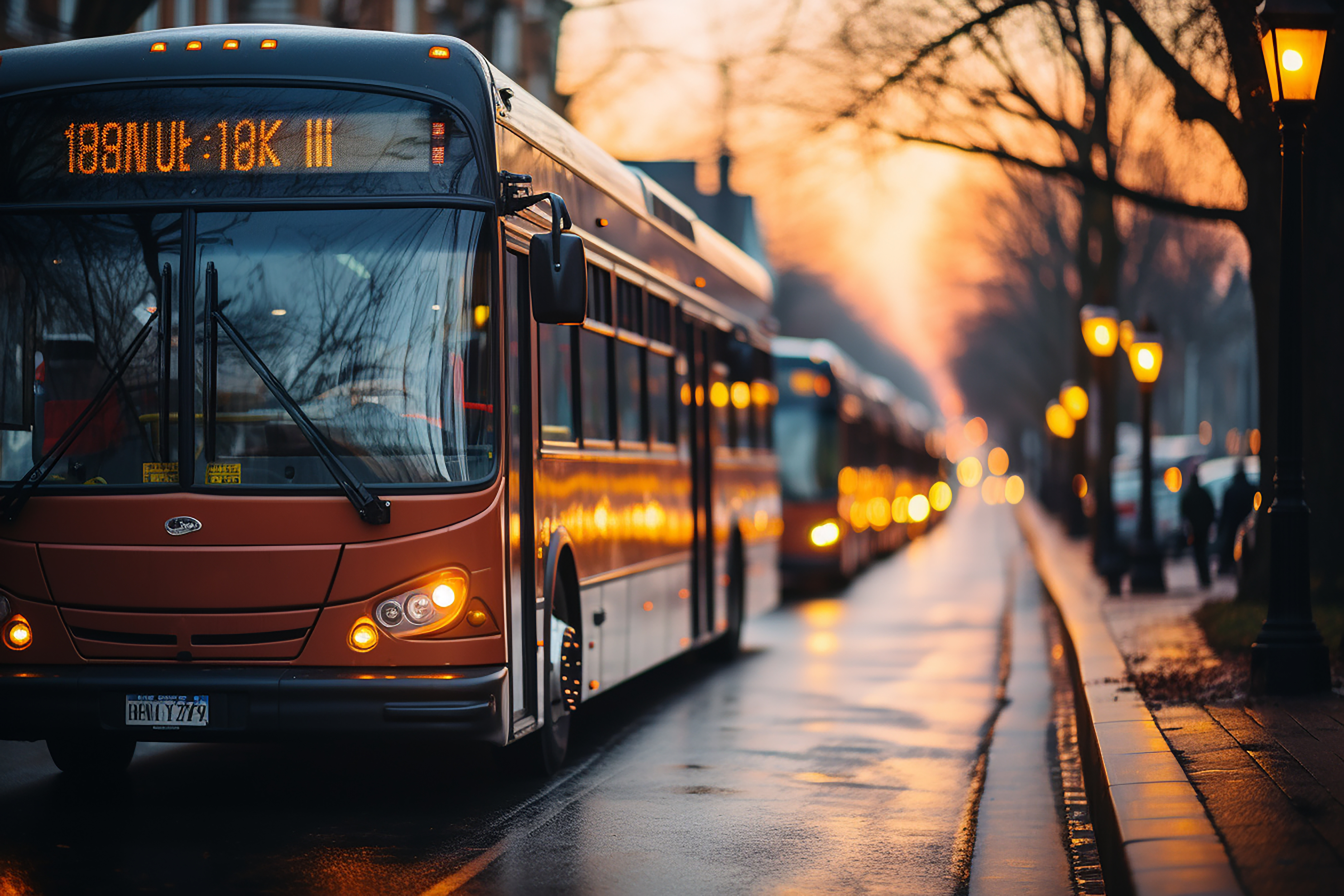 Urban buses on a city street for public transport safety